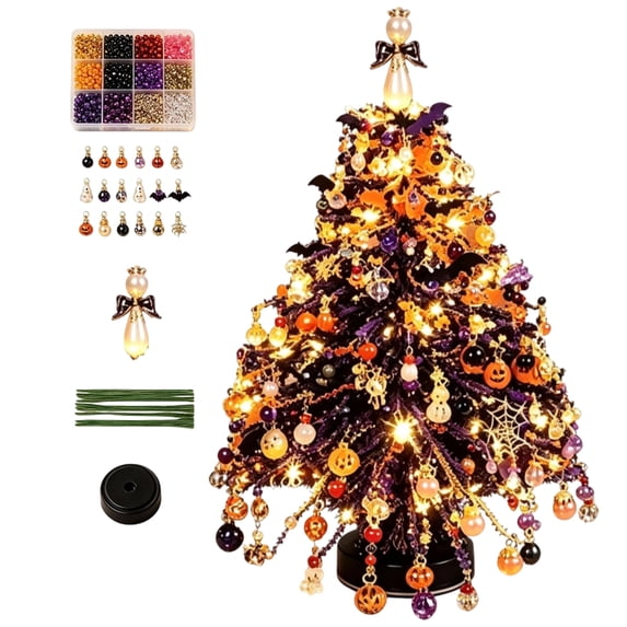 DIY Beaded Halloween theme Tree Kit , 3D Crystal Bead Craft Set, Complete Kit with Colorful Beads, Ornament Charms, Metal Frame & Angel Topper, LED‑Lit Handmade Tabletop Halloween Decor Gift