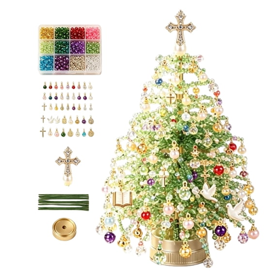 DIY Beaded Lighted Christmas Tree Kit, Sparkling Tabletop Holiday Ornament Craft Set, Beginner Desk Decor Gift