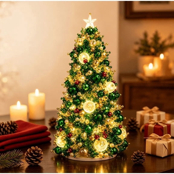 DIY Beaded Mini Christmas Tree Kit, Customizable Bead Assemble Christmas Tree Set, Warm LED Glow Indoor Table Ornament