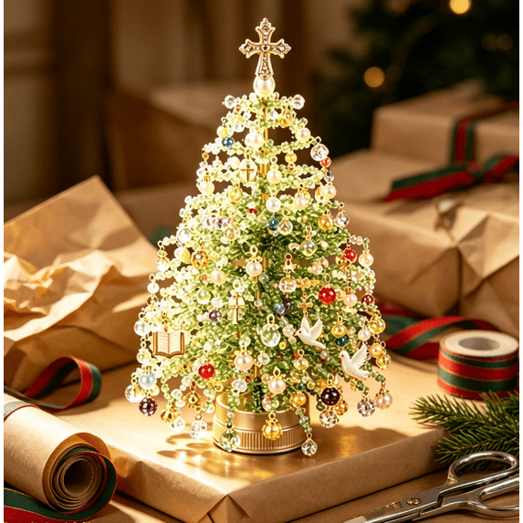 DIY Beaded Mini Christmas Tree Kit, Easy Assembly Craft Set with Warm LED Lights for Festive Winter Wonderland Shelf Display