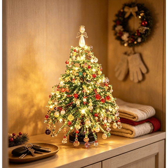 DIY Beaded Mini Christmas Tree Kit Easy Assembly Craft Set with Warm LED Lights for Festive Winter Wonderland Shelf Display