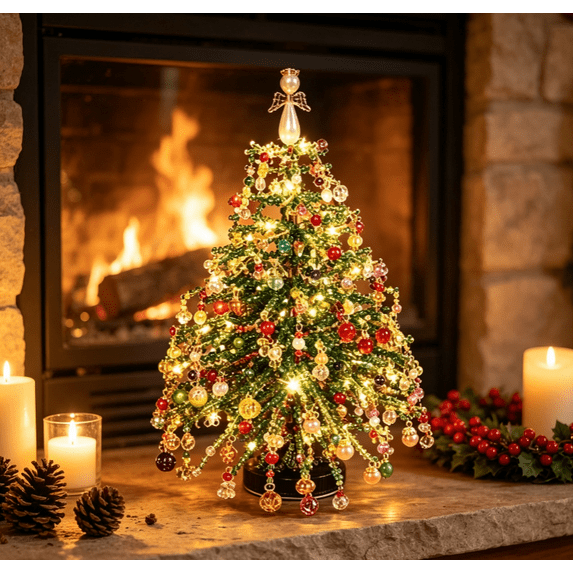 DIY Beaded Mini Christmas Tree Kit, Easy Assembly Craft Set with Warm LED Lights for Festive Winter Wonderland Shelf Display