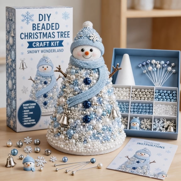 DIY Beaded Mini Christmas Tree Kit, Snowman Winter 3D Bead Holiday Craft Set for Adults, Tabletop Christmas Tree Making Project for Mantel, Shelf and Seasonal Decor, 5.91 Inch