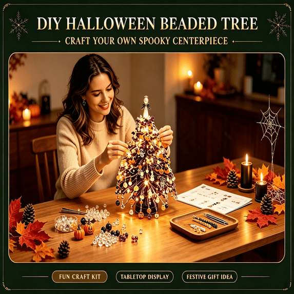 DIY Beaded Mini Halloween Tree Craft Kit, Bead Art Ornament, Handmade Beginner Friendly Tree Making Supplies, Holiday Tabletop Desk Home Decoration