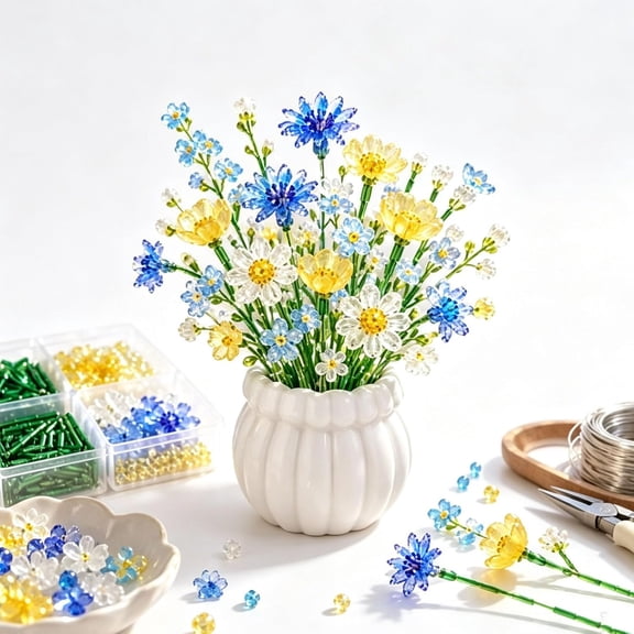 DIY Beaded Wildflower Bouquet Kit – Handmade Crystal-Style Flower Craft Set with Beads, Flexible Wire and Bonsai Pot for Home Decor and DIY Projects