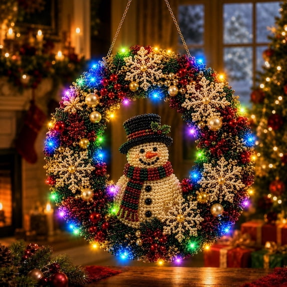 DIY Beaded Wreath Kit, Lighted Christmas Craft, Hands on Wreath Project with Sparkling Surface Detail for Home Displays, Beads Frame and LED Accents for Creative Holiday Decorating