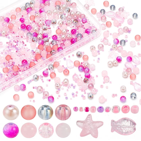 DIY Beads Jewelry Making Finding Kit Including Imitation Jade Glass Seed Beads Round Fish Starfish Pink 1122Pcs/box