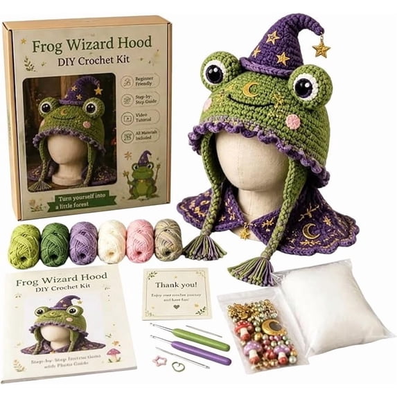 DIY Beginner Crochet Kit for Wearable Fantasy Hood Hat, Craft Set with Yarn & Accessories for Adults,Wizard Frog