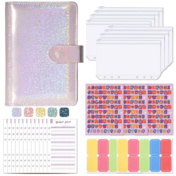 DIY Binder Notebook PU Cover Glitter Design 6-Ring Refillable Organizer with Zipper Pockets Stickers Budget Sheets Purple