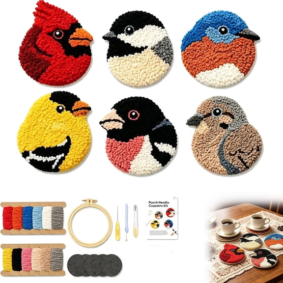 DIY Bird Coasters Punch Needle Kit,6-Pack Pre-Printed Rug Punch Bird Coasters Starter Kit for Beginners Adults,Hand Tufted Coaster Making Art Supplies,Stress Relief Crafting Home Decor Gift