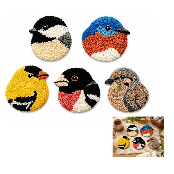 DIY Bird Coasters Punch Needle Kit,6PCS Bird Punch Needle Embroidery Craft Kit with Yarns Instructions, Easy for Adults Beginners(1set)