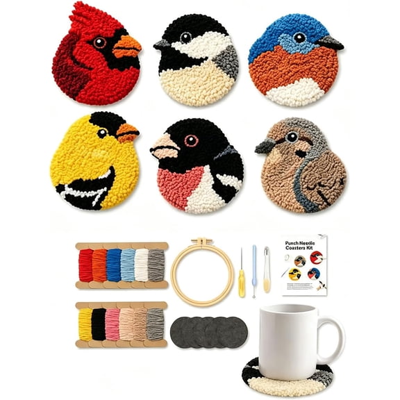 DIY Bird Coasters Punch Needle Kit for Beginners, 6 Pack Punch Needle Coaster Set with Pre-Printed Patterns, Yarn, Hoop & Tools, Craft Kit for Relaxing DIY Handmade Home Decor & Gift(A-bird)