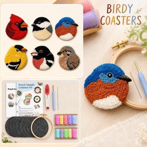 DIY Bird Coasters Punch Needle Kit, Creative DIY Home Decor Project for Adults, 6 Bird Patterns, Needle, Hoop, Yarn, Felt Backings, Easy to Follow for Stress-Free Crafting