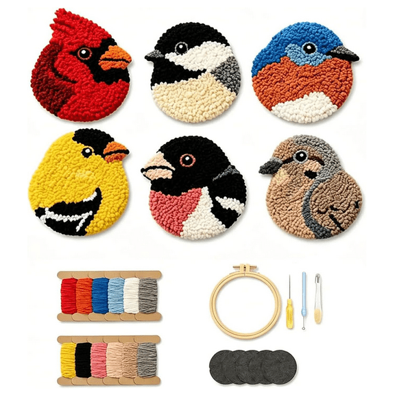 DIY Bird Coasters Punch Needle Kit, Handmade Tufted Bird Mug Rug Craft Set, Hoop & Tools,Stress Relief Craft Set, Easy Craft Kit for Home Décor, Gifts (1Pc)