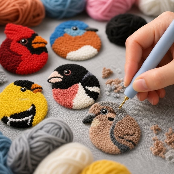 DIY Bird Coasters Punch Needle Kit, Punch Needle Coaster Kit for Adults Beginners with Pre-Printed Patterns, Yarn, Hoop & Tools,Stress Relief Craft Set, Easy Craft Kit for Home Dcor, Gifts