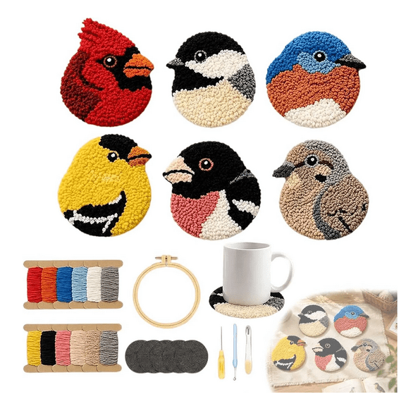 DIY Bird Coasters Punch Needle Kit, Punch Needle Coaster Kit for Adults Beginners with Pre-Printed Patterns, Yarn, Hoop & Tools,Stress Relief Craft Set, Easy Craft Kit for Home Dcor, Gifts