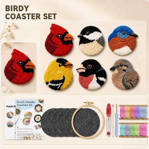 DIY Bird Punch Needle Kit for Beginners with Embroidery Hoop Yarn Felt Coasters Set 6 Pack 10 Threads (1*Instruction Book + 1*Punch Needle + 10*Yarn Bundles + 6*Felt Cloth + 1*Embroidery Hoop)