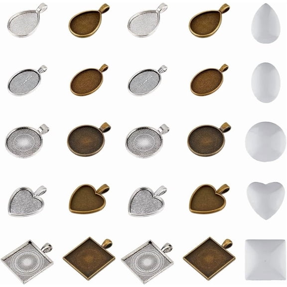 DIY Blank Cameo Photo Geometry Pendant Making Kit Including Teardrop & Square & Oval & Flat Round Alloy Pendant Cabochon Settings Glass Cabochons Mixed Color 40Pcs/box