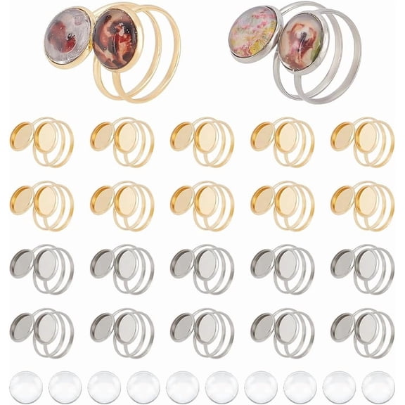 DIY Blank Dome 201 Stainless Steel Finger Rings Making Kits Golden & Stainless Steel Color Tray: 12mm Inner Diameter: 18~20mm