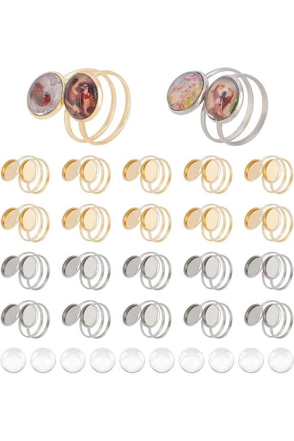 DIY Blank Dome 201 Stainless Steel Finger Rings Making Kits Golden & Stainless Steel Color Tray: 12mm Inner Diameter: 18~20mm