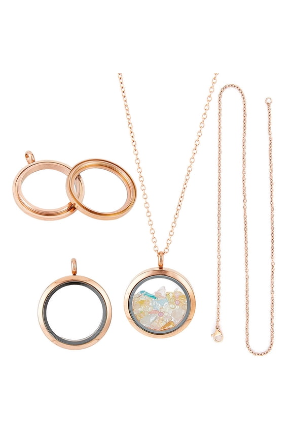 DIY Blank Dome 304 Stainless Steel Locket Pendant Necklace Making Kit Rose Gold 17.7 inch(45cm) for DIY