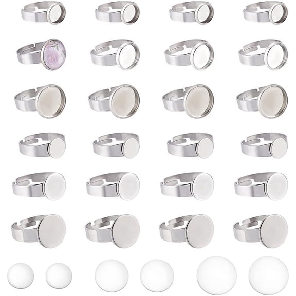 DIY Blank Dome Adjustable Ring Making Kit Including 304 Stainless Steel Flat Round Ring Settings Glass Cabochon Stainless Steel Color 120Pcs/box