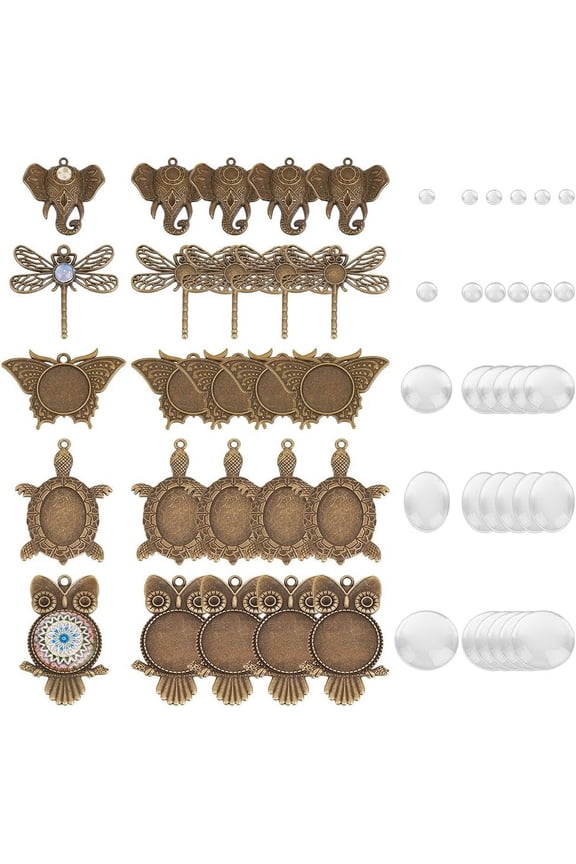 DIY Blank Dome Alloy Pendant Making Kit Turtle & Elephant & Owl & Dragonfly Bronze 5.5~55x5.5~49x2~5mm Hole: 2~3mm DIY