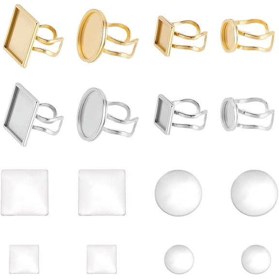 DIY Blank Dome Cuff Ring Making Kit Including Square & Flat Round 201 & 304 Stainless Steel Pad Ring Settings Glass Cabochons Golden & Stainless Steel Color 16Pcs/box