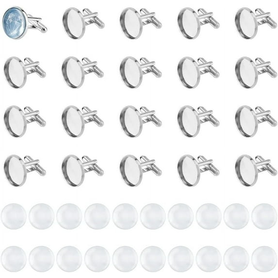 DIY Blank Dome Cufflinks Making Kit Including Brass Cufflinks Settings Glass Cabochons Platinum 40Pcs/box