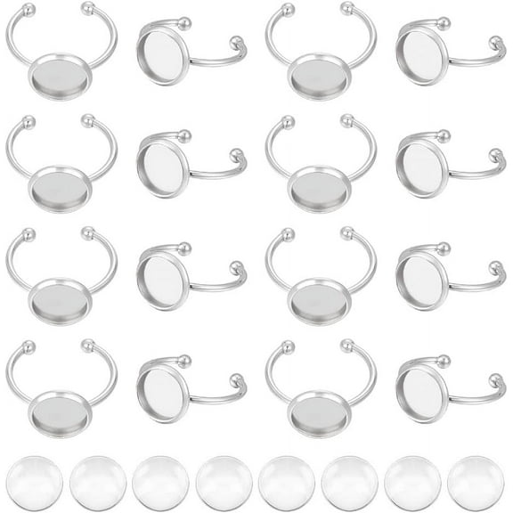 DIY Blank Dome Finger Ring Making Kit Including 304 Stainless Steel Cuff Finger Rings Components Glass Cabochons Stainless Steel Color Inner Diameter: 18.1mm 60Pcs/box