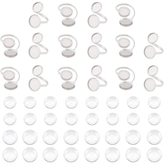 DIY Blank Dome Finger Ring Making Kit Including 304 Stainless Steel Cuff Ring Findings with Double Settings Flat Round Glass Cabochons Stainless Steel Color US Size 7(17.3mm) Tray: 10mm and 8mm