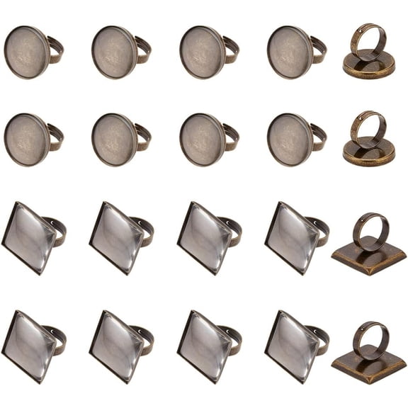 DIY Blank Dome Finger Ring Making Kit Including Square & Flat Round Brass Ring Components Glass Cabochons Antique Bronze 40Pcs/box