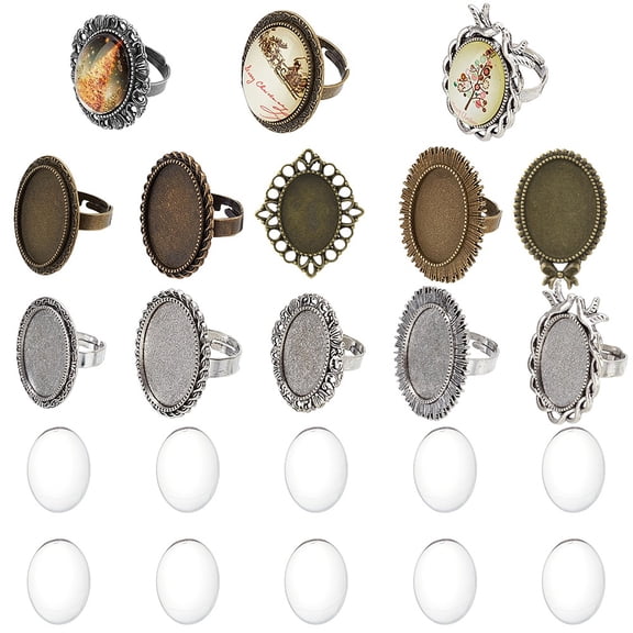 DIY Blank Dome Finger Rings Making Kit Including Bird & Flower & Oval Adjustable Alloy Ring Settings Glass Cabochons Bronze & Silver 20pcs/bag