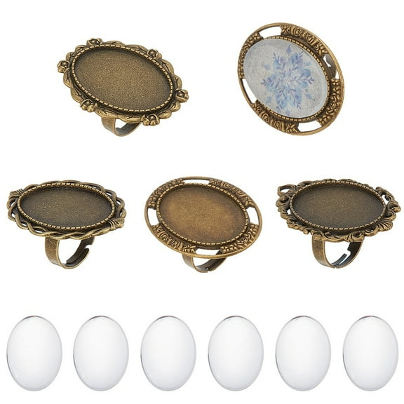 DIY Blank Dome Finger Rings Making Kit Including Oval & Flower Adjustable Alloy Ring Settings Glass Cabochons Antique Bronze & Antique Silver 16pcs/bag