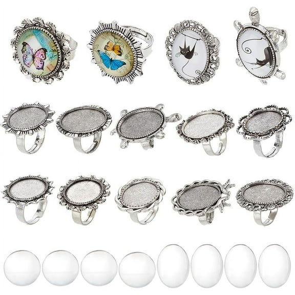 DIY Blank Dome Finger Rings Making Kit Including Tortoise & Bird & Sun & Flower Adjustable Alloy Ring Settings Glass Cabochons Antique Silver 20pcs/bag