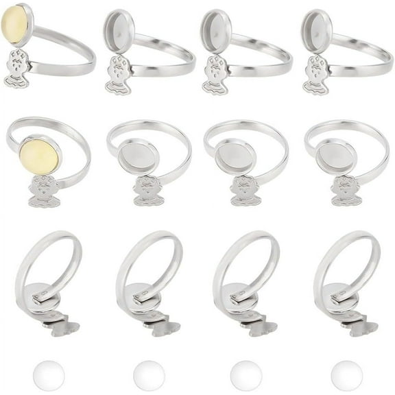 DIY Blank Dome Open Ring Making Kit Including 304 Stainless Steel Cuff Ring Pad Ring Setting Glass Cabochons Stainless Steel Color Size 7(17.3mm) Tray: 8mm and 8.5x7mm 32Pcs/box