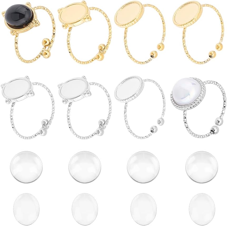 WADORN 8-Set DIY Ring Making Kit – Stainless Steel Open Cuff Ring Bezels With Glass Cabochons, For Jewelry Crafting