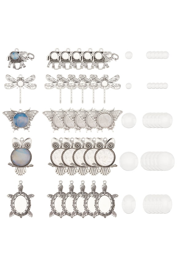 DIY Blank Dome Pendant Making Kit Including Turtle Butterfly Elephant Owl Dragonfly Alloy Pendant Settings Glass Cabochons Silver 60Pcs/box