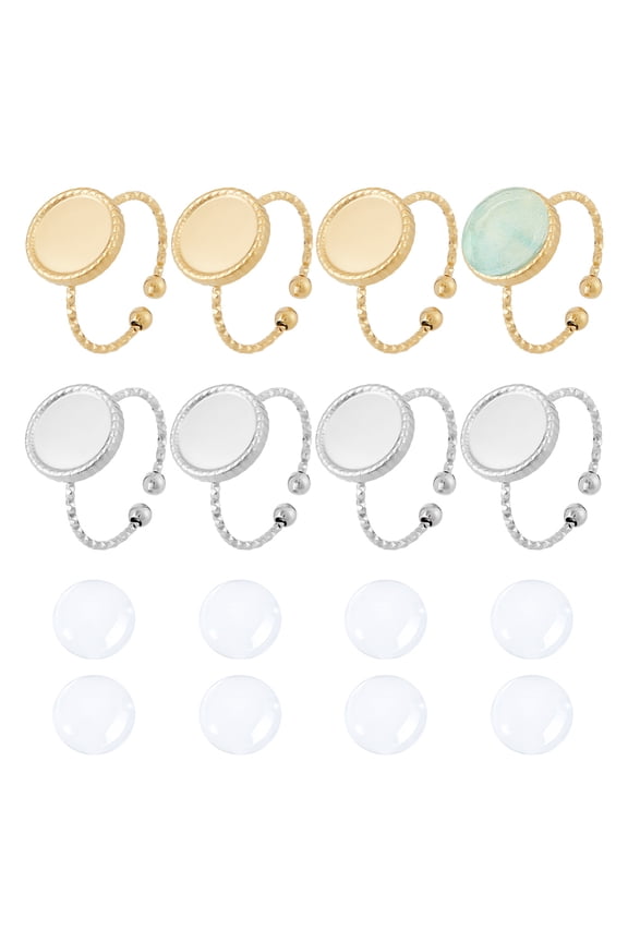 DIY Blank Dome Ring Making Kit Including Open Cuff Ring Ring Settings Half Round Glass Cabochons Golden & Stainless Steel Color 16Pcs/box