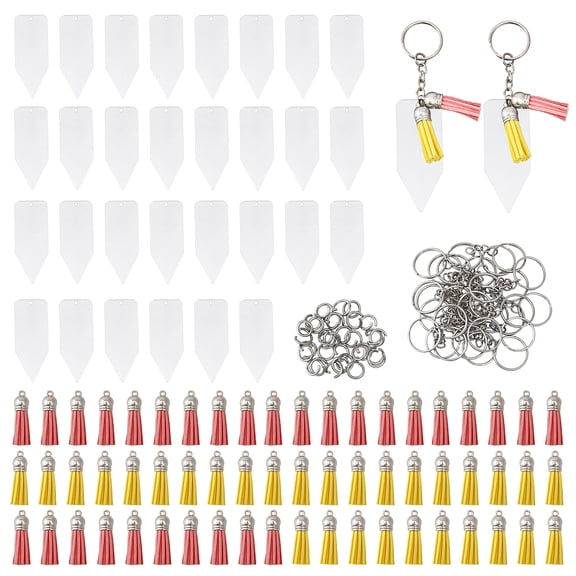 DIY Blank Keychain Making Kit Including Acrylic Board PU Tassel Pendants Iron Split Key Rings Instruction Manual Mixed Color 150Pcs