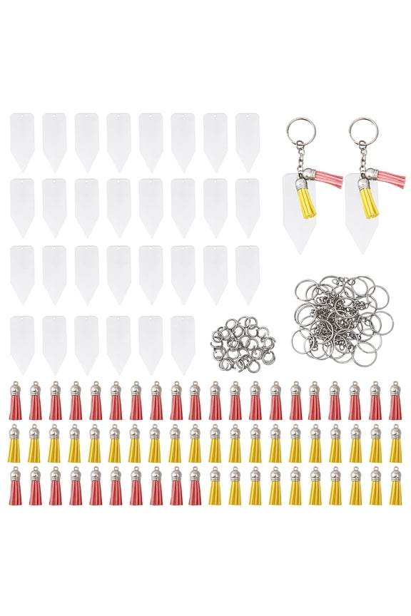 DIY Blank Keychain Making Kit Including Acrylic Board PU Tassel Pendants Iron Split Key Rings Instruction Manual Mixed Color 150Pcs