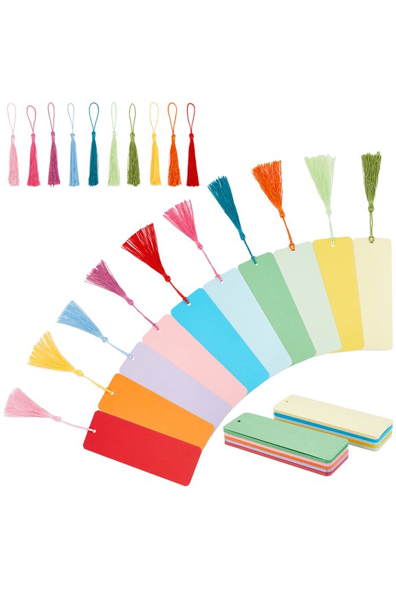 DIY Blank Rectangle with Tassel Bookmark Making Kit Including 100Pcs Kraft Paper Card 100Pcs Polyester Tassel Big Pendant Decorations Mixed Color