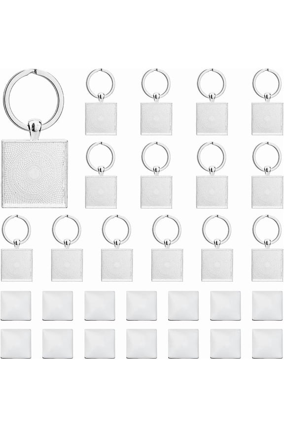DIY Blank Square Keychain Making Kit Including Zinc Alloy Keychain Cabochon Settings with Iron Split Key Rings Glass Cabochons Platinum 30Pcs/set