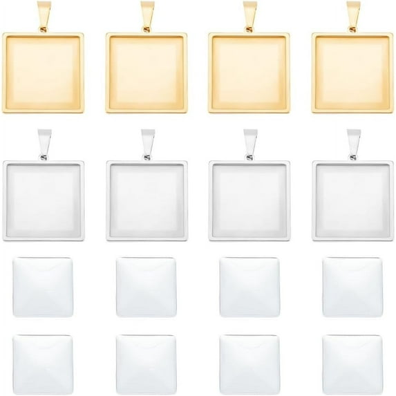 DIY Blank Square Pendant Making Kit Including 304 Stainless Steel Pendant Cabochon Settings Glass Cabochons Golden 16Pcs/box
