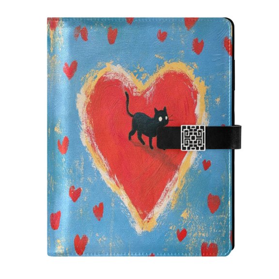DIY Blue Heart Cat Printed Microfiber Leather Notebook 9.2x6.7" Refillable Binder Journal with Pen Loop&Pockets 100 Sheets