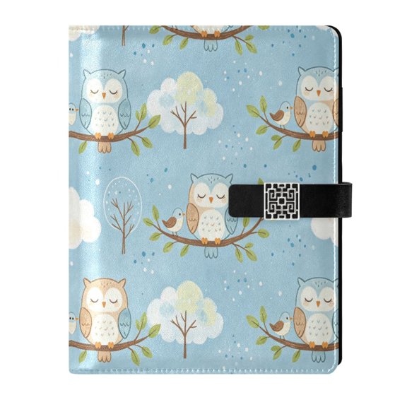 DIY Blue Owl Printed Microfiber Leather Notebook 9.2x6.7" Refillable Binder Journal with Pen Loop&Pockets 100 Sheets