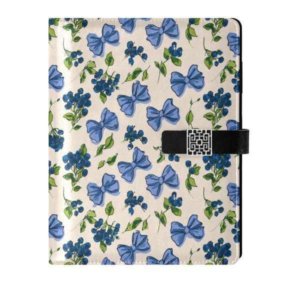 DIY Blueberry Blue Printed Microfiber Leather Notebook 9.2x6.7" Refillable Binder Journal with Pen Loop&Pockets 100 Sheets