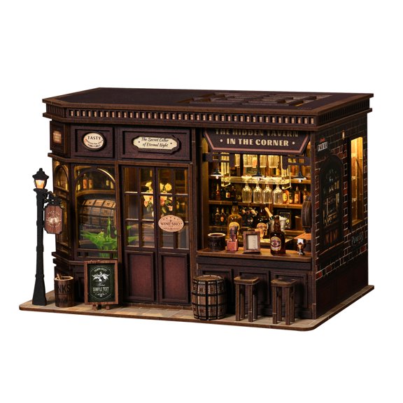 DIY Book Nook Bookend Miniature House Corner Tavern Wooden Assembly Bookend with LED Light Bookshelf Decor Mini Scene Kit for Adults Hobbyists -AW03-001