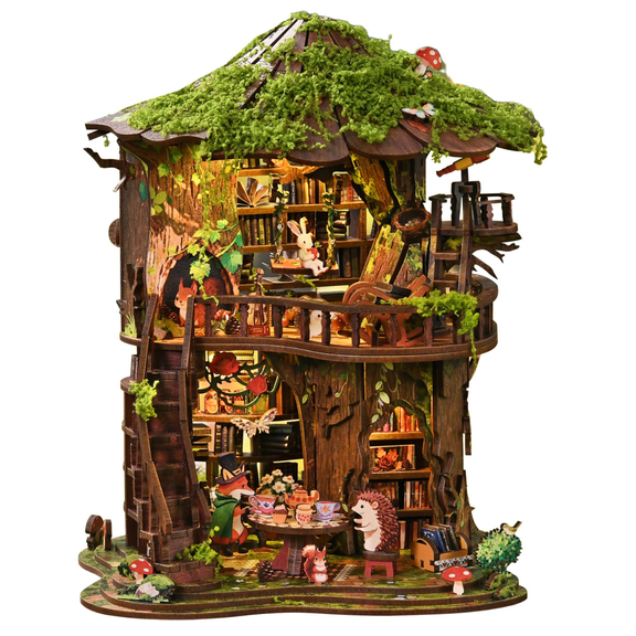 DIY Book Nook Kit, 3D Wooden Miniature House Dollhouse Kit, Bookshelf Decor with LED Light, Creative Gift for Adults & Teens