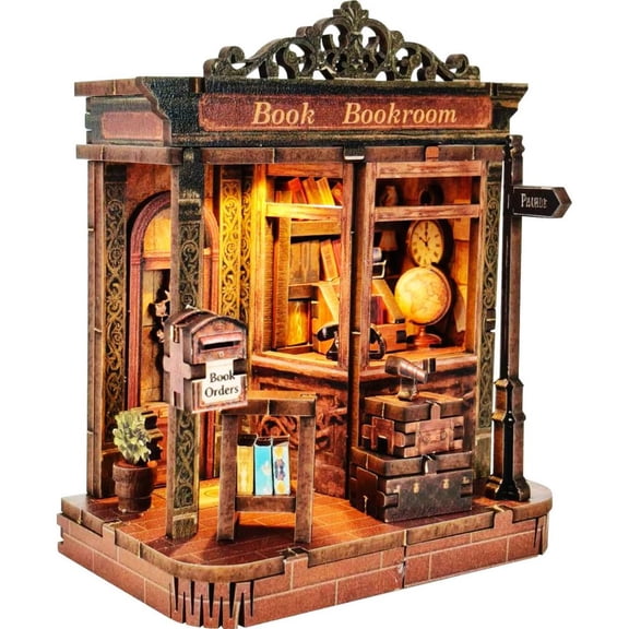 DIY Book Nook Kit, 3D Wooden Puzzle Bookend with LED Light and Mortise Tenon Structure for Bookshelf Decor or Stress Relief Activity